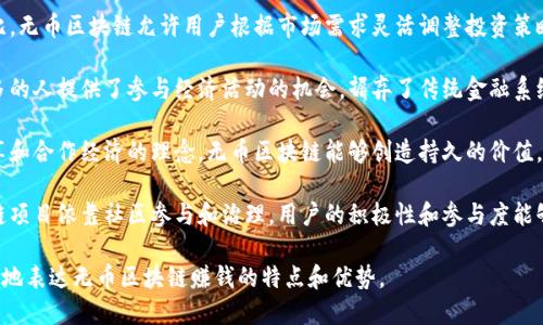 无币区块链赚钱的方式可以通过以下几个角度进行形容：

1. **创新型**：无币区块链采用了新的商业模式和技术，突破了传统币种所带来的限制，提供了多样化的获利方式。

2. **高效**：通过智能合约和去中心化的应用，无币区块链能够在短时间内完成交易和资产转移，从而提高了盈利的效率。

3. **透明**：无币区块链的分布式账本特性确保了交易的透明性，用户可以随时查验交易记录，从而建立信任关系。

4. **灵活**：与传统投资方式相比，无币区块链允许用户根据市场需求灵活调整投资策略，适应不同的市场环境。

5. **包容性**：无币区块链为更多的人提供了参与经济活动的机会，摒弃了传统金融系统的许多门槛。

6. **可持续**：通过利用资源共享和合作经济的理念，无币区块链能够创造持久的价值，为用户带来长期收益。

7. **社区驱动**：很多无币区块链项目依靠社区参与和治理，用户的积极性和参与度能够直接影响项目的发展和收益。

通过这些词汇和短语，可以更生动地表达无币区块链赚钱的特点和优势。